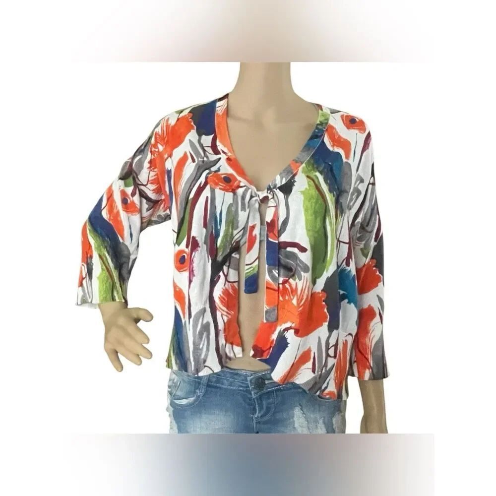 Lane Bryant White Abstract Floral Tie-Front Multi Orange,Blue Green cardigan